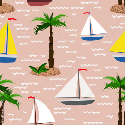 Vector - see scape with sail boats and palm trees seamless pattern.
