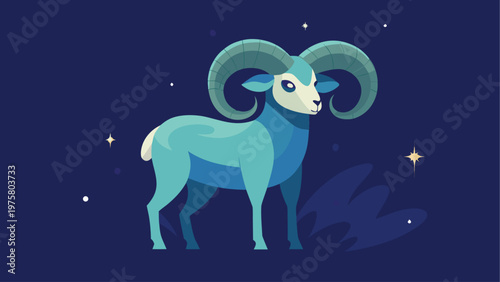 Cartoon Aries, blue ram, zodiac icon, starry night