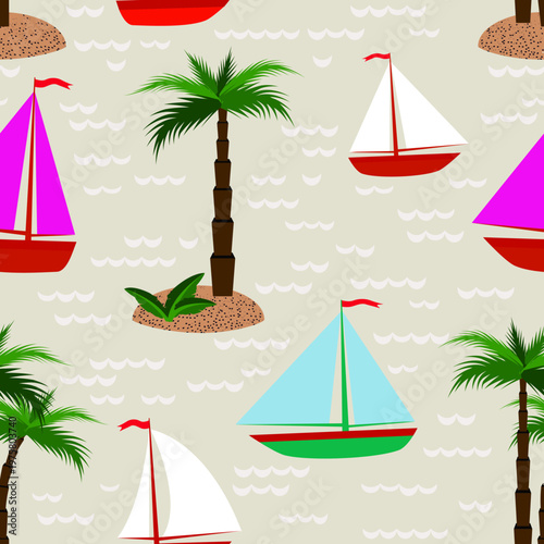 Vector - see scape with sail boats and palm trees seamless pattern.
