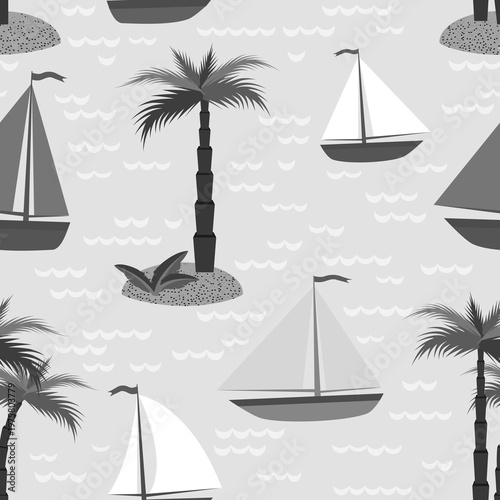 Vector - see scape with sail boats and palm trees seamless pattern.
