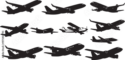 Collection of airplane silhouettes in various flight positions vector