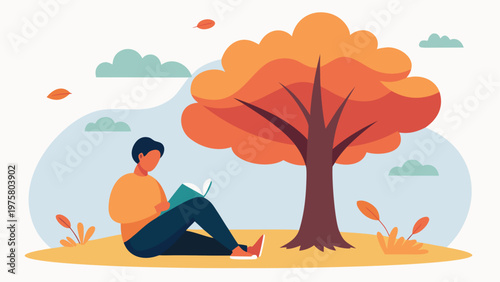 Autumn, illustration of a man reading under a tree, vector, flat design