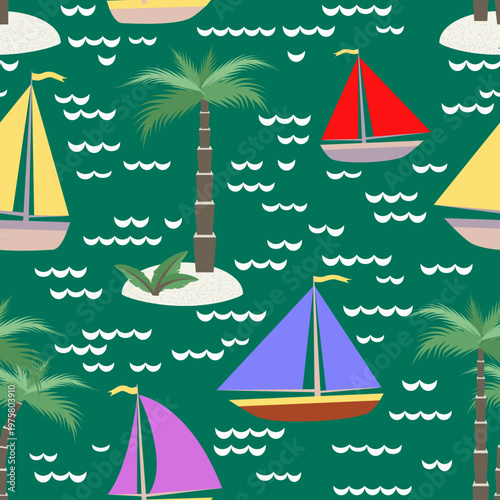 Vector - see scape with sail boats and palm trees seamless pattern.
