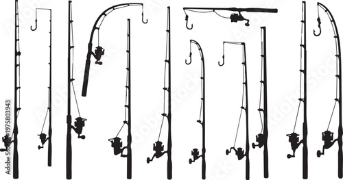 Collection of various fishing rods and hooks on display