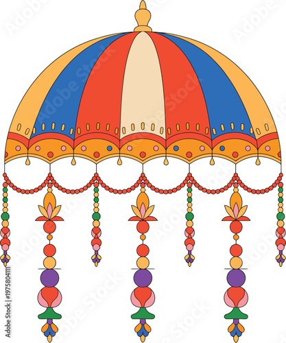 Colorful Indian Chhatri Umbrella with Decorative Hanging Ornaments in Bright Sunlight