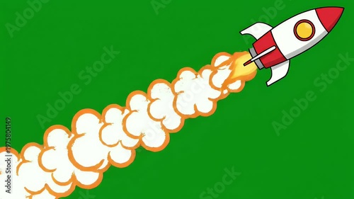 A cartoon-style rocket ship with flames is depicted launching from the left side of a vibrant green screen, creating a dynamic and visually engaging composition.