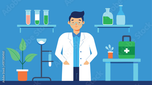 Lab Scientist, Laboratory Background, Medical Icons, Vector Illustration