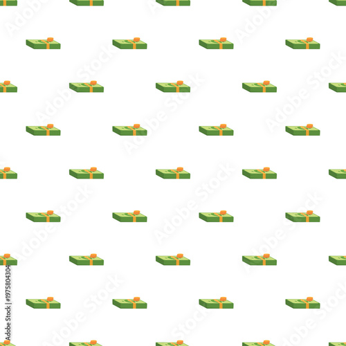 Money stacks with a coin creating a seamless repeating pattern on a white background
