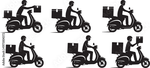 Delivery riders on scooters with boxes in various positions