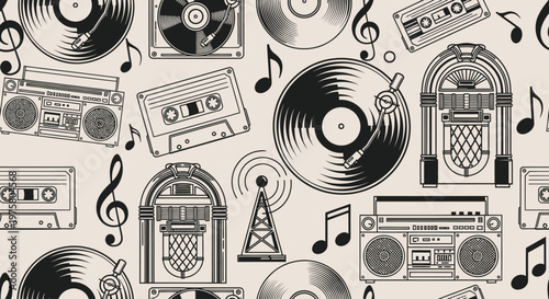 Vintage music devices and symbols.