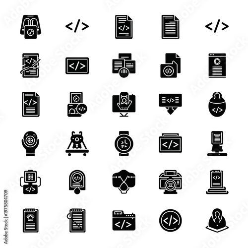 A set of black and white coding icons and symbols for developers and programmers
