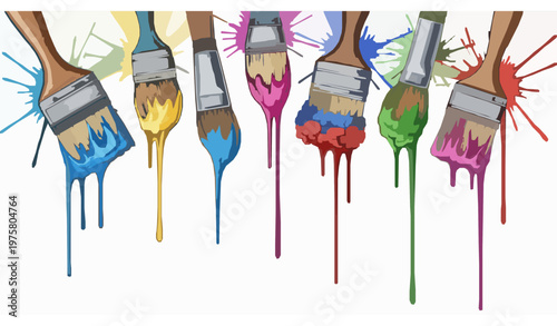 Art brushes with colorful dripping paint – vibrant watercolor and acrylic vector illustration