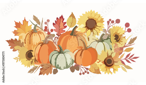 Watercolor harvest Thanksgiving composition – pumpkins, sunflowers, and autumn leaves illustration