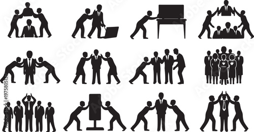 Silhouette icons of business people working together in office