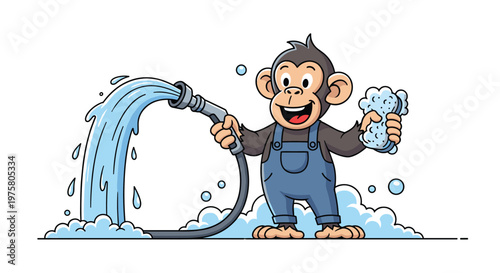 Friendly cartoon monkey character wearing blue overalls holding a spraying water hose and a soapy sponge for professional cleaning service mascot.