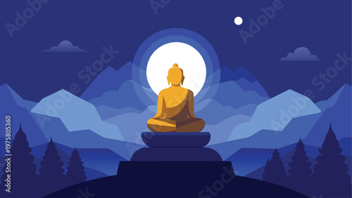 Buddha, meditation, zen, golden statue, night landscape, mountains, moonlight