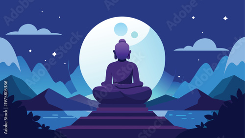Buddha, meditation, zen, night, landscape, purple, vector