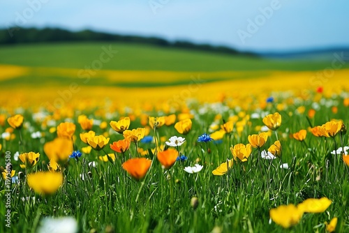 Vibrant Wildflower Meadow with Colorful Flowers and Lush Green Grass Under a Bright Blue Sky