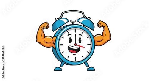 Powerful cartoon alarm clock character with large muscular arms flexing its biceps to symbolize morning energy, strength, and a productive start.