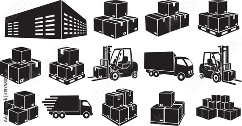 Logistics and transportation icons with boxes and vehicles
