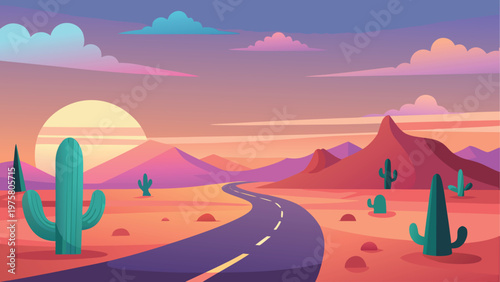 Desert road, sunset landscape, vector illustration, cactus scenery