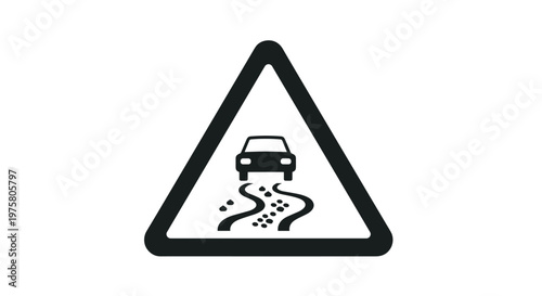 Triangular road traffic warning sign featuring a black silhouette of a car skidding to alert motorists of a slippery road surface ahead for safety.