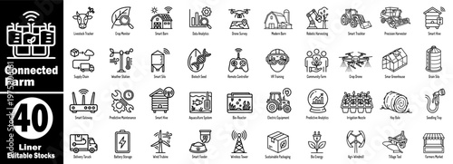 Connected Farm: Innovative Agriculture Technology Line Icons for Smart Farm Systems.