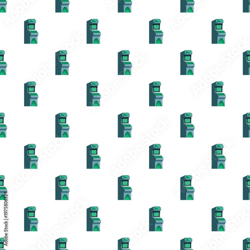 Repeating pattern of vintage arcade gaming cabinets on a white background