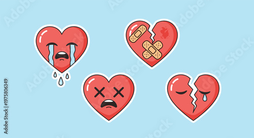 Collection of four broken heart emoji stickers featuring various expressions of sadness, grief, and pain on a blue background for emotional design.