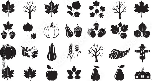 Autumn icons and symbols in black and white illustration