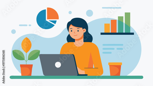 Business woman, office workspace, laptop, infographic elements, flat design