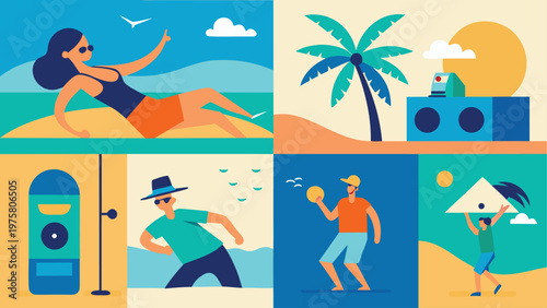 Summer vacation icons, beach activities, colorful illustrations, vector set