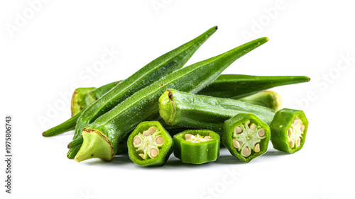 Fresh okra pods sliced with seeds inside