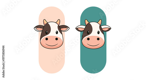 Cute cow head icons with black and white spots displayed on peach and teal vertical pill shaped backgrounds for design projects.