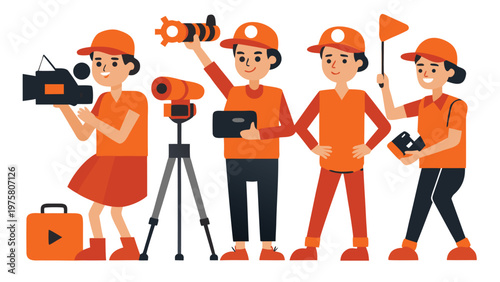 Film crew, video production team, orange uniform, vector icons