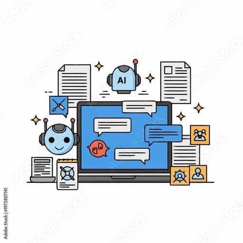 Friendly robot chatting on laptop, illustrating AI assistance, conversational technology, customer support, and automated digital communication services