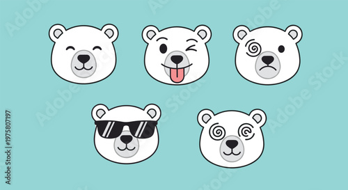 Set of five cute polar bear head characters with various facial expressions and emojis like winking, happy, and wearing sunglasses.