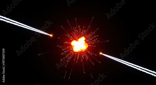 Sparks fly between two glowing tracks.