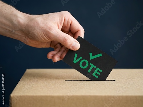 Person dropping a paper ballot with a green checkmark into a cardboard box, participating in an election process against a solid dark blue background
