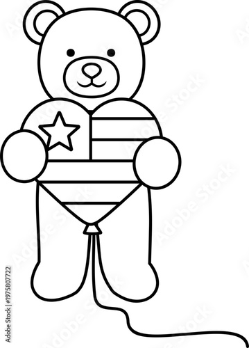 Cute Bear with USA Heart Flag.
Patriotic Teddy Bear with Heart Flag Balloons Coloring Page Outline.
Independence Day Outline Coloring Template.
