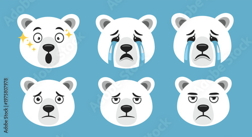 Collection of six polar bear head icons showing negative or tired emotions including crying, worrying, and feeling bored on blue.