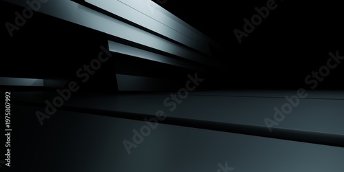 3d rendering of black abstract geometric modern dark room background. Scene for advertising design, showroom, technology, future, modern, sport, game, spaceship, warehouse, garage. Sci Fi Illustration
