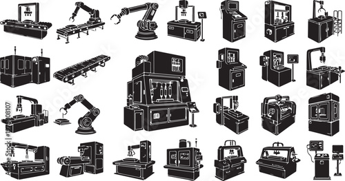 Industrial Construction Equipment Icons and Machinery Symbols Set