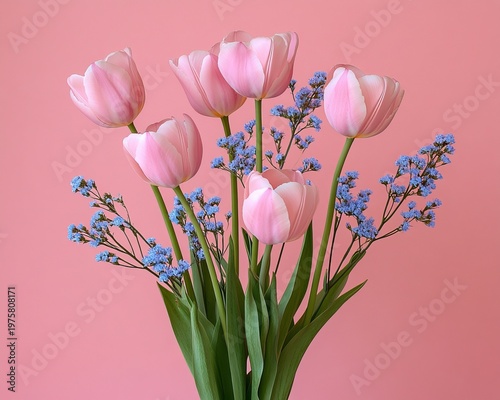 Charming floral arrangement with light pink tulips and delicate blue flowers in a springtime setting