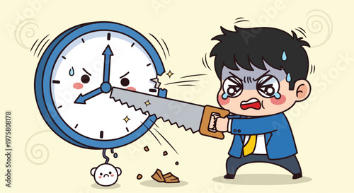 Young boy with messy hair and angry expression pointing a toy gun at a clock with a frustrated look and scattered trash