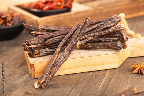 Beef strips, finely chopped beef jerky