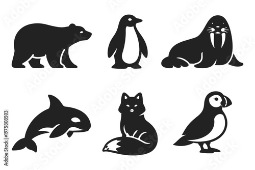 Wildlife animal silhouette icon set in simple flat vector style