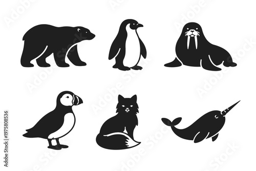 Wildlife animal silhouette icon set in simple flat vector style