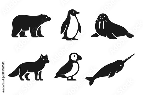 Wildlife animal silhouette icon set in simple flat vector style