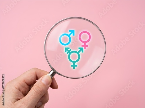 A human hand holding a magnifying glass inspecting male female and transgender gender symbols on a bright solid pastel pink background surface